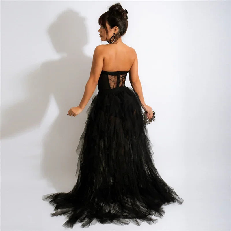 Tulle Cascading Ruffles Evening Long Dresses