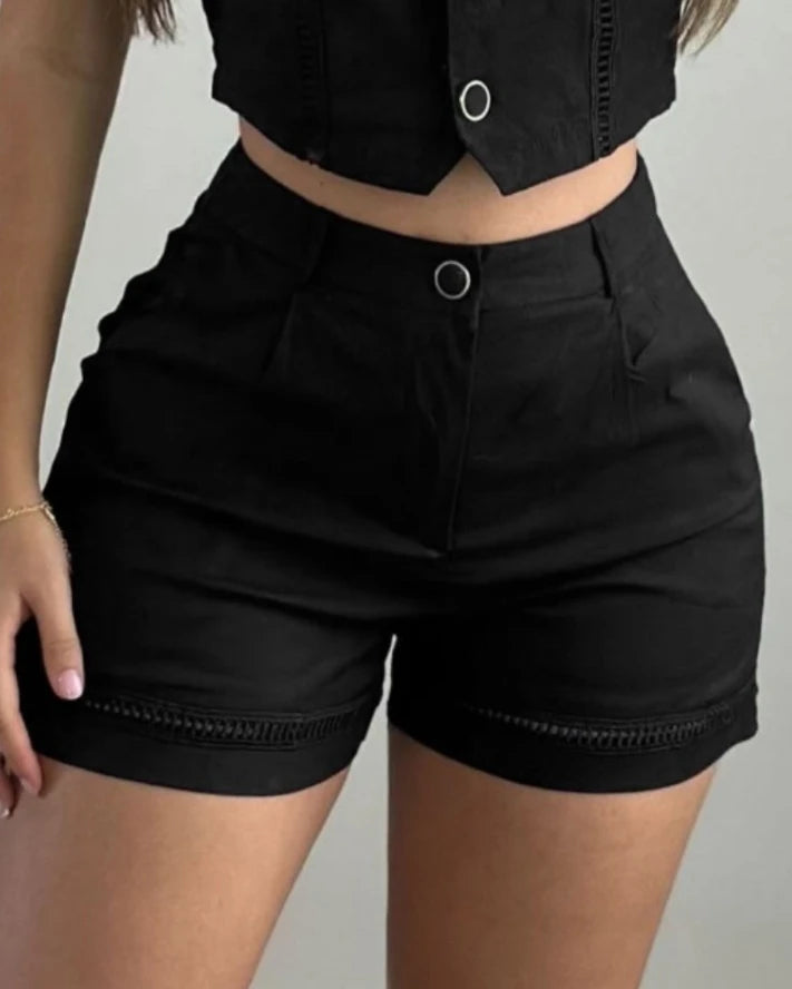 Two Piece Sets Women Outfit 2024 Summer Hollow Out Buttoned Sleeveless V-Neck Vest Top & Pocket Shorts Set Matching Set Fitness