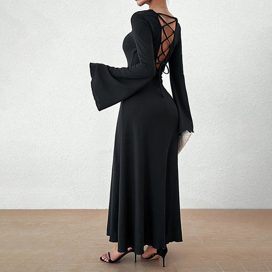 Spring Retro Black Long Dress