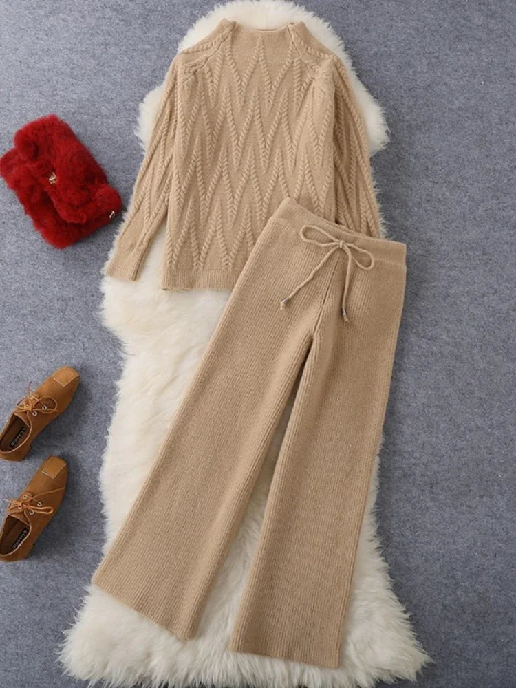 New Korean Fashion O Neck Knitted Sweater Top Casual Loose Lace Up Wide Leg Pant Sets