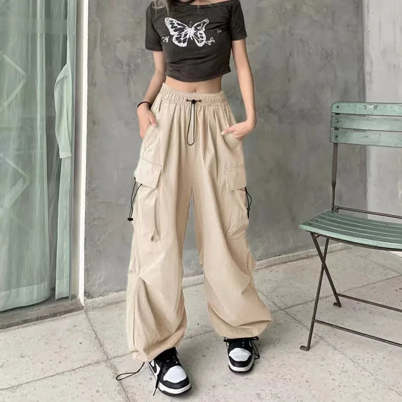 New American Hip-Hop Straight Wide-Leg High-Waisted Large Pockets Drawstring Work Pants High Street Casual