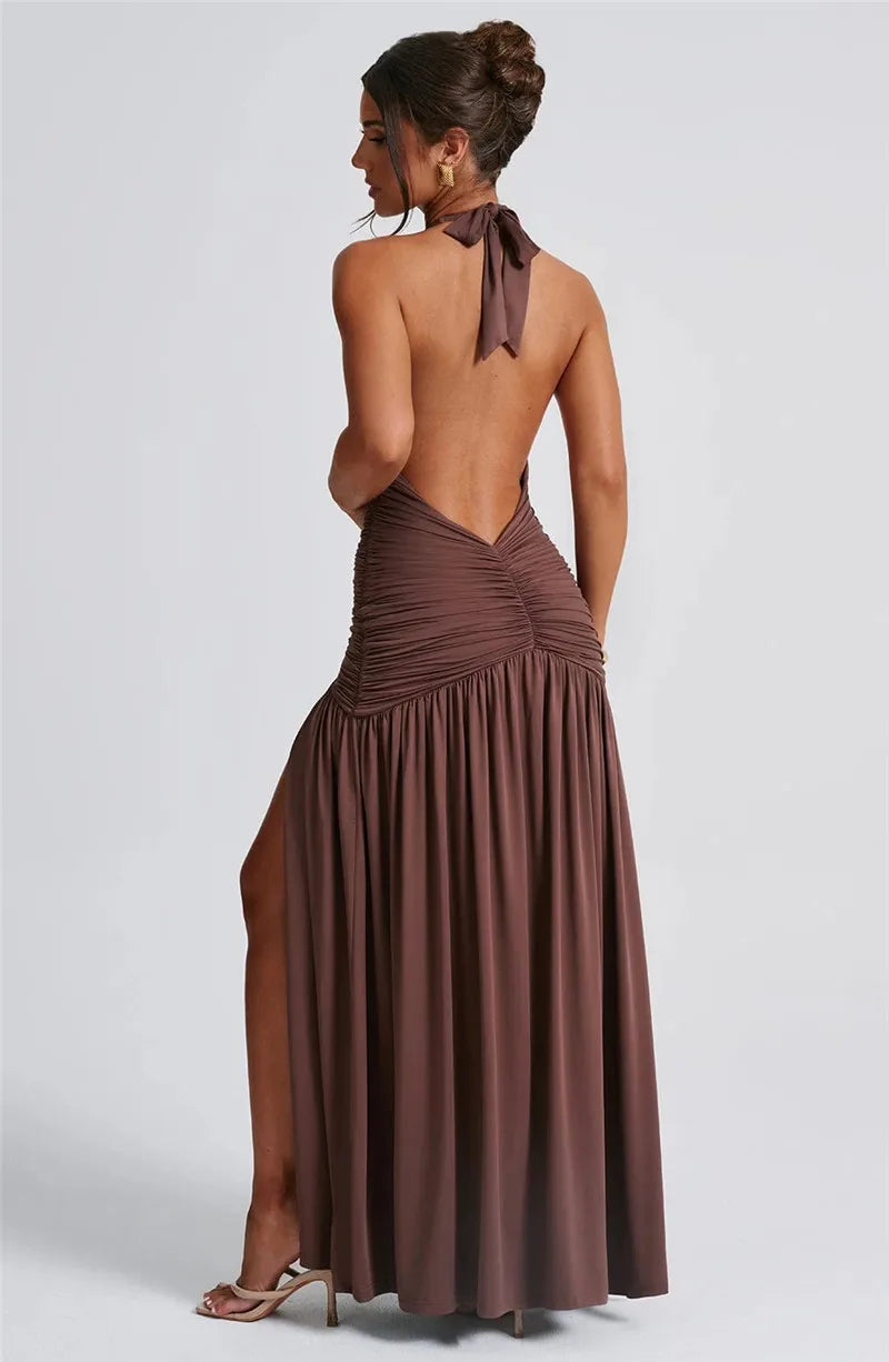 Halter Deep V Neck Backless Maxi Dress