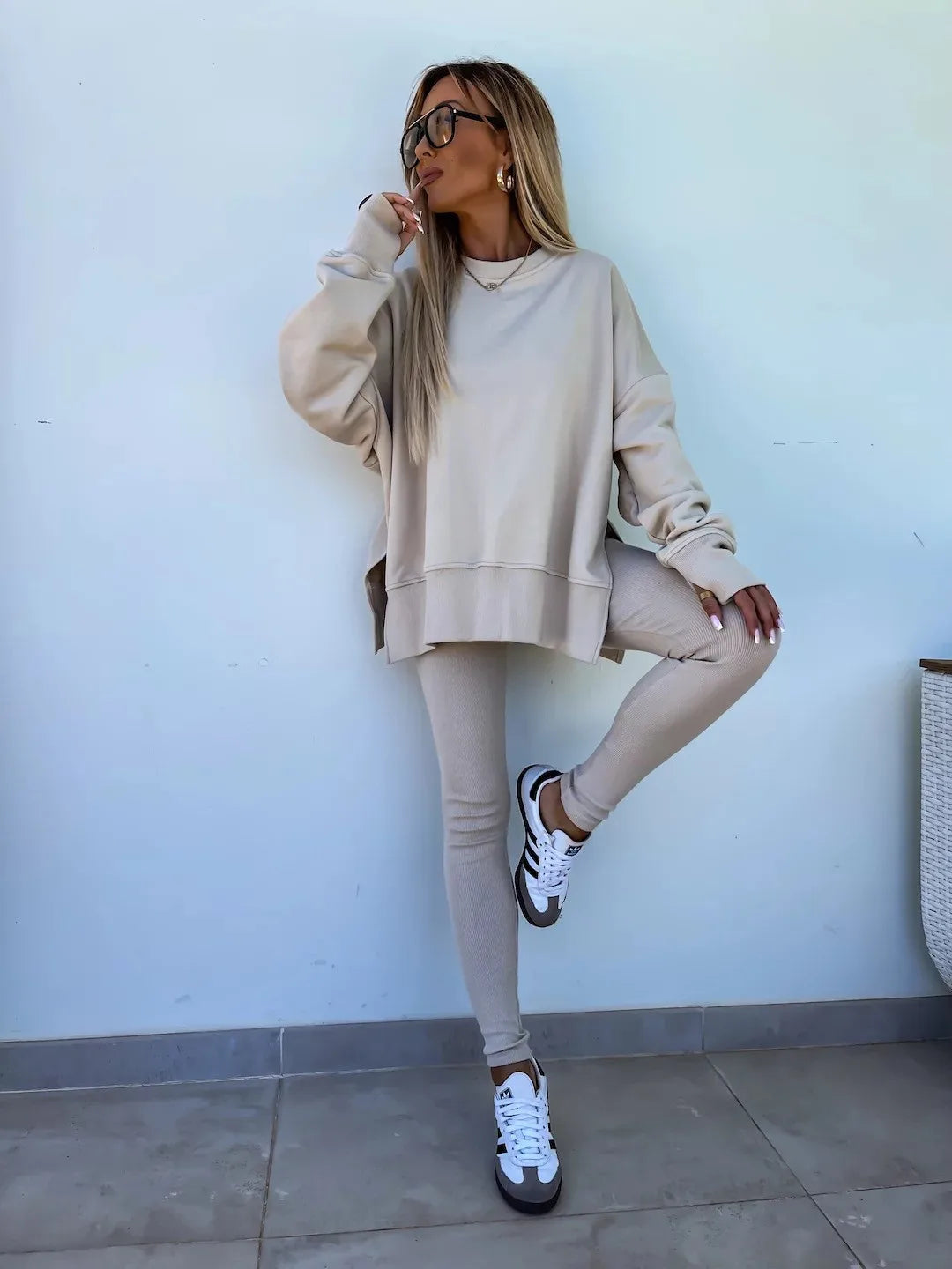 Shirt  casual loose-fitting sweater tight pants 2 piece