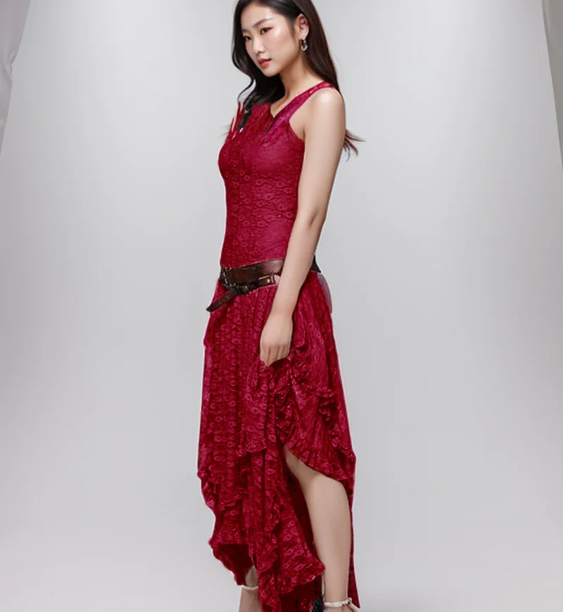 Spring/Summer New Irregular Lace Sleeveless Round Neck Solid Color Dress