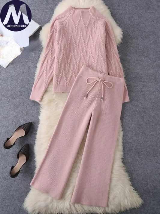 New Korean Fashion O Neck Knitted Sweater Top Casual Loose Lace Up Wide Leg Pant Sets