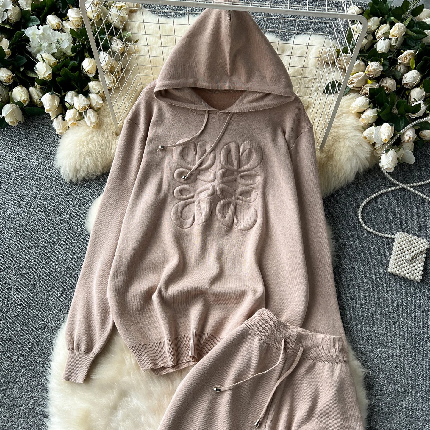 Long Sleeve 3D Texture Printed Hoodies+Drawstring Pants 2pcs Suits