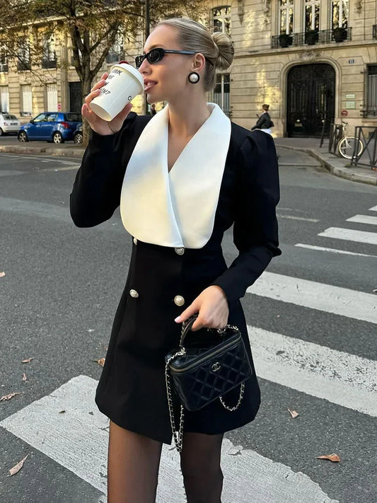 Contrast Color Lapel Suit Dress Elegant