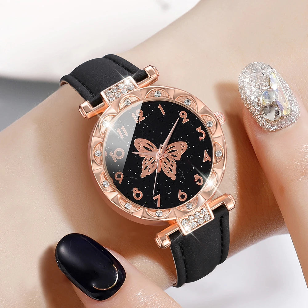 1PCS Simple Luxury Butterfly Element Leather Strap Watch Black Casual Fashion Quartz Watch Is The Perfect Gift For Her (No Box)