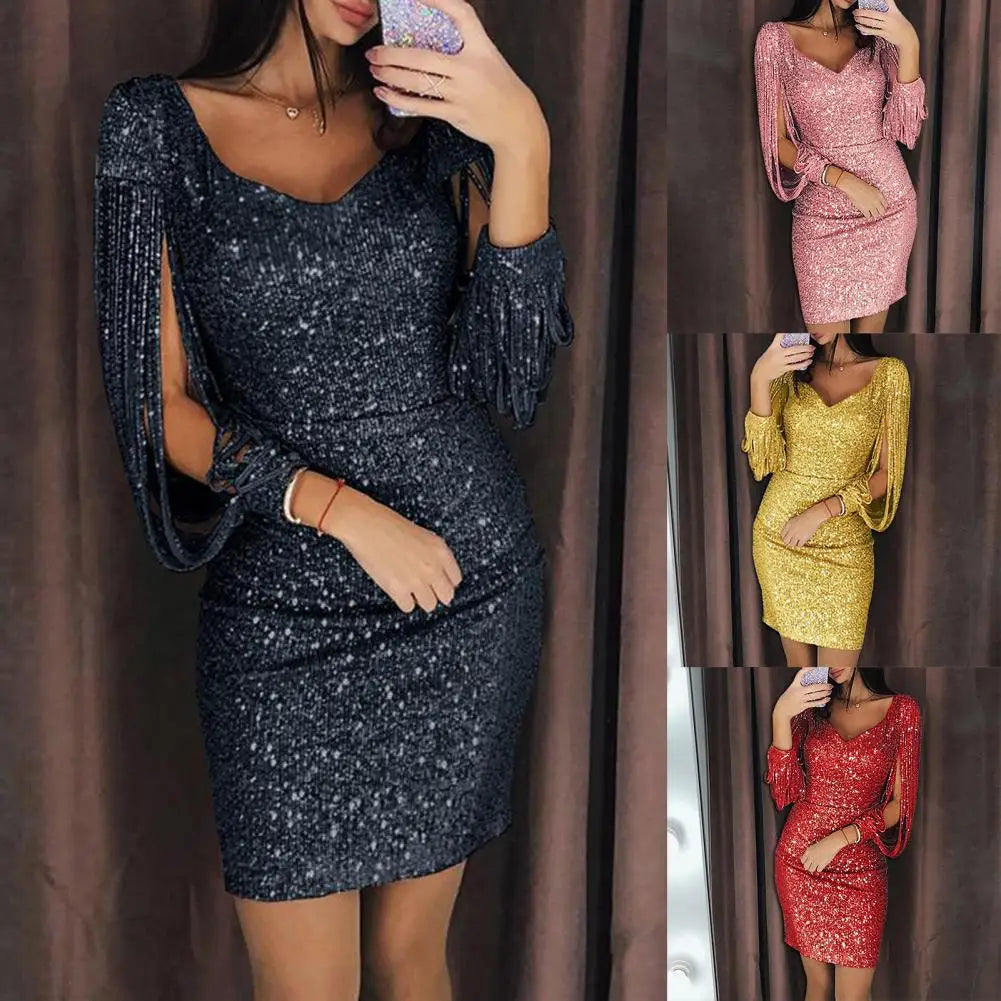 Women Dress Solid Color Long Sleeves V Neck Tassels Mini Dress