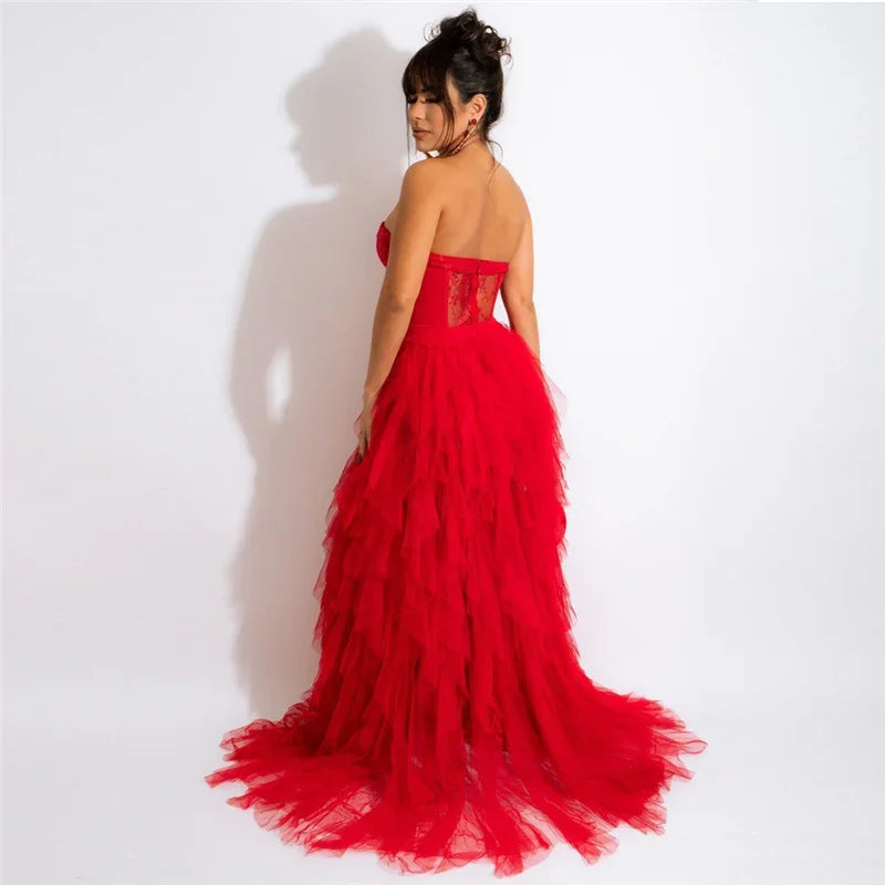 Tulle Cascading Ruffles Evening Long Dresses