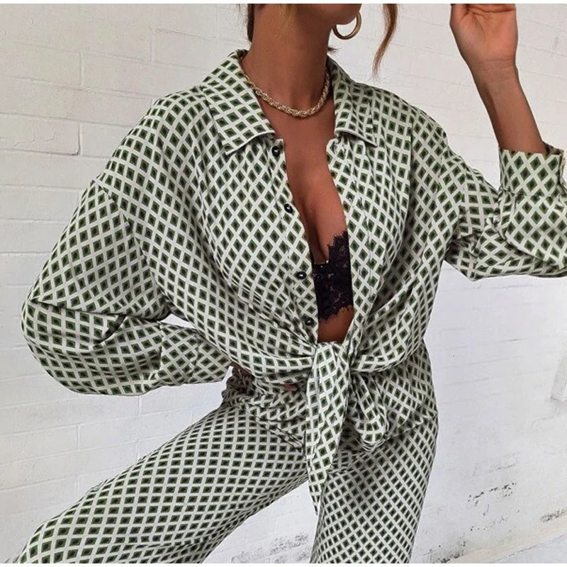 Cross border Hot Edition Street Trendy Print Trouser Set Long Sleeve Full Screen Print Off Shoulder Shirt Set