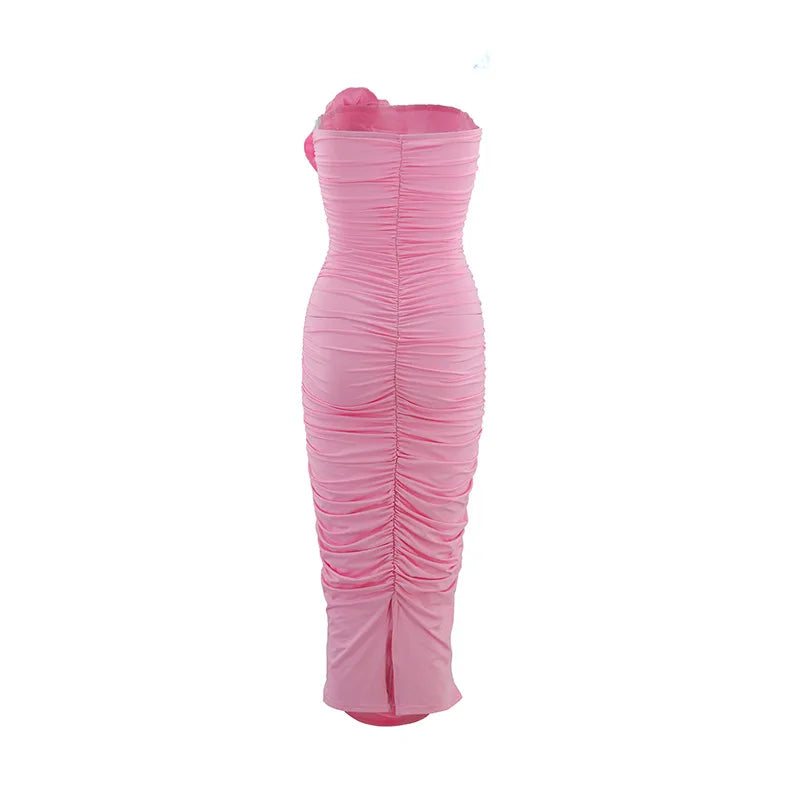 New large size fashion women's summer sexy bustier Slim package hip pleated three-dimensional flowers in long dresses