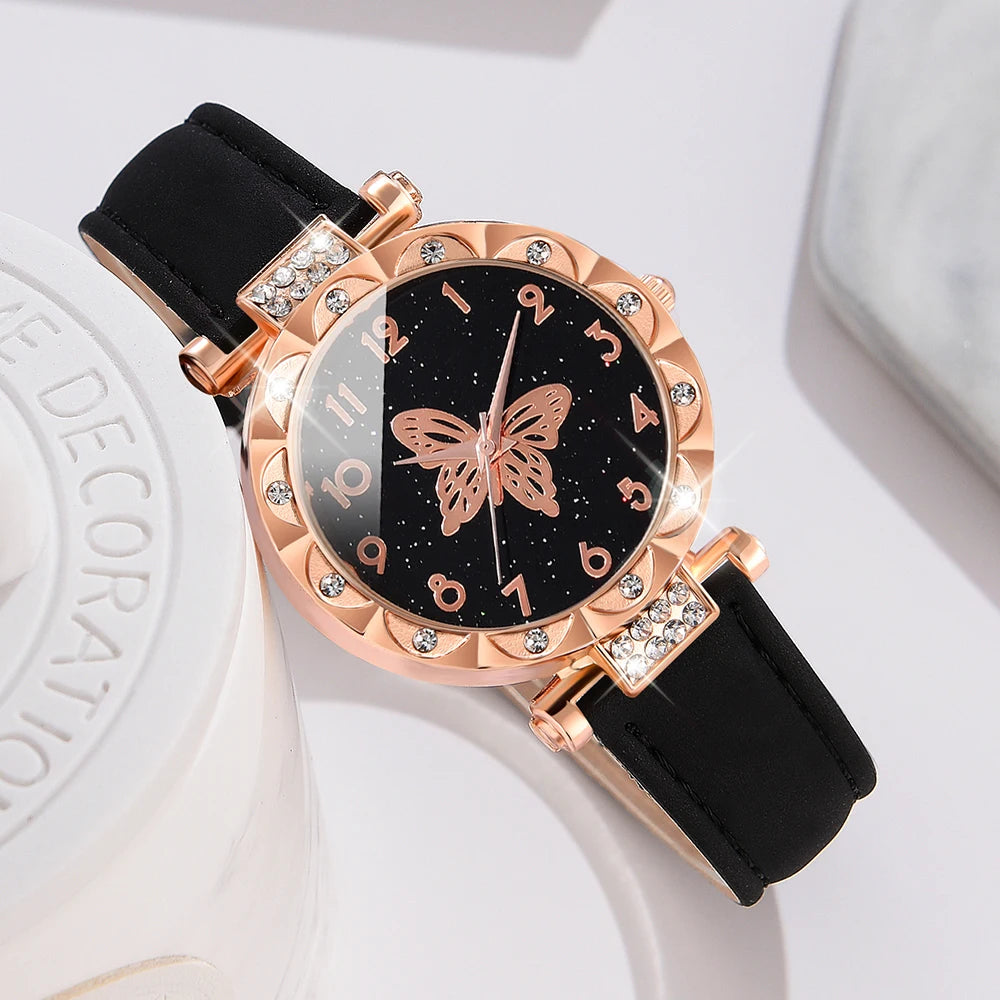 1PCS Simple Luxury Butterfly Element Leather Strap Watch Black Casual Fashion Quartz Watch Is The Perfect Gift For Her (No Box)