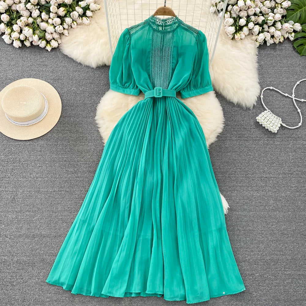 Elegant Dress Lace Belt Short sleeved Back Zip Pleated Chiffon A-line