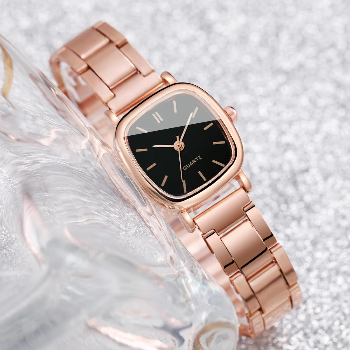 2PCS/Set Fashion Square Women Watches Stainless Steel Band Quartz Watch Heart Bracelet Set