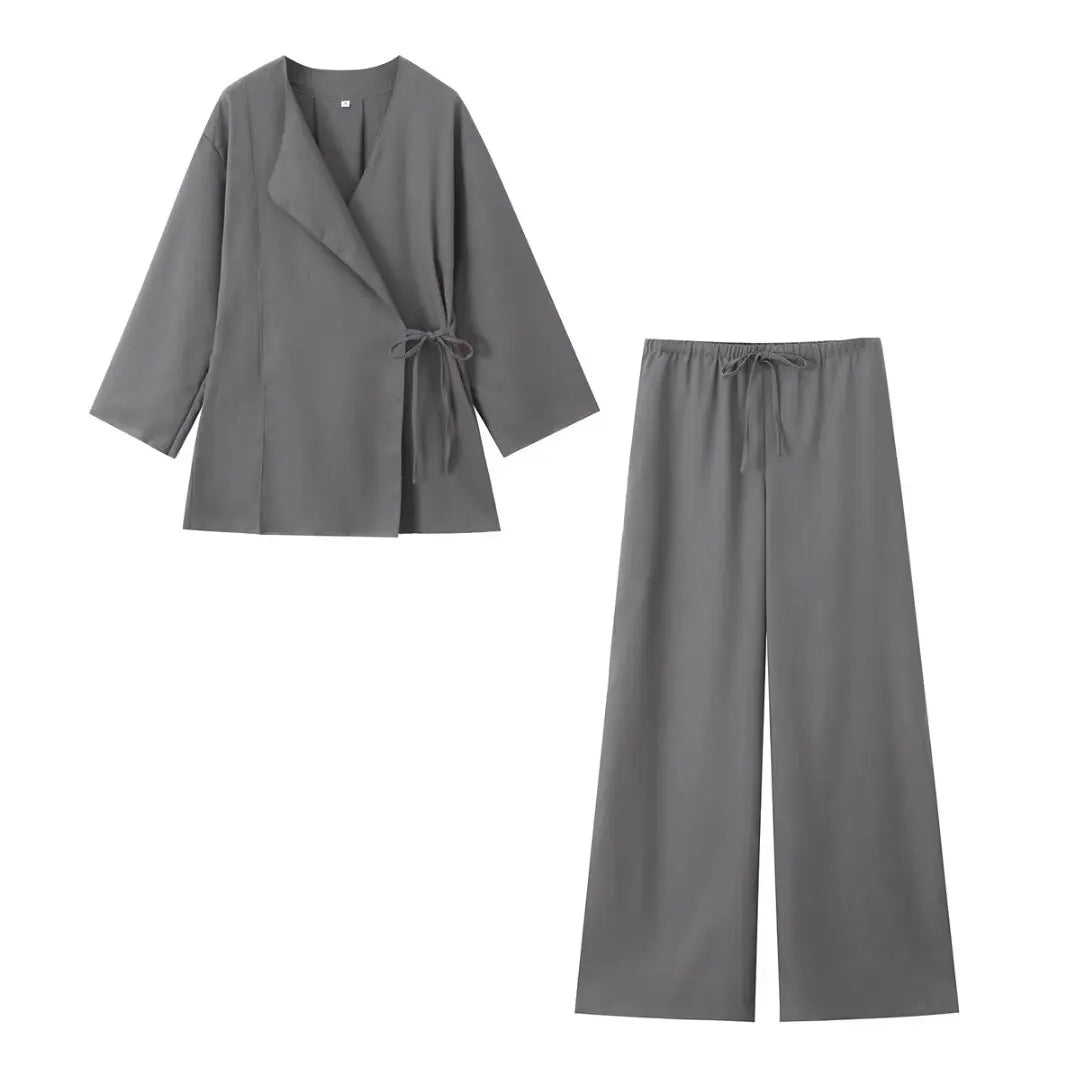 Linen Solid Color Shirt Set Belted Cardigan Kimono Top + High Waist Women's Pleated Pants 2-piece