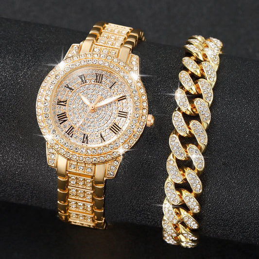 2PCS Fashion Diamond Women Watches Gold Watch Ladies Wrist Watches Luxury Rhinestone Womens Bracelet Watches Relogio Feminino