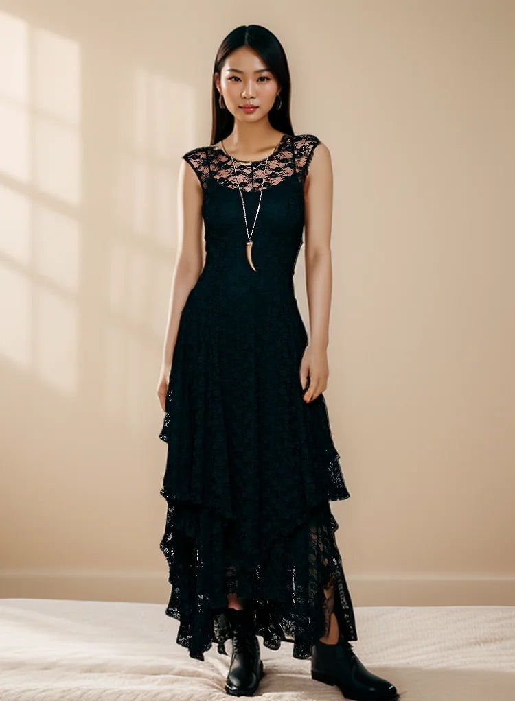 Spring/Summer New Irregular Lace Sleeveless Round Neck Solid Color Dress