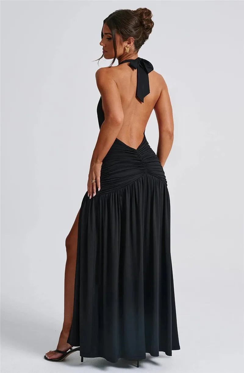 Halter Deep V Neck Backless Maxi Dress