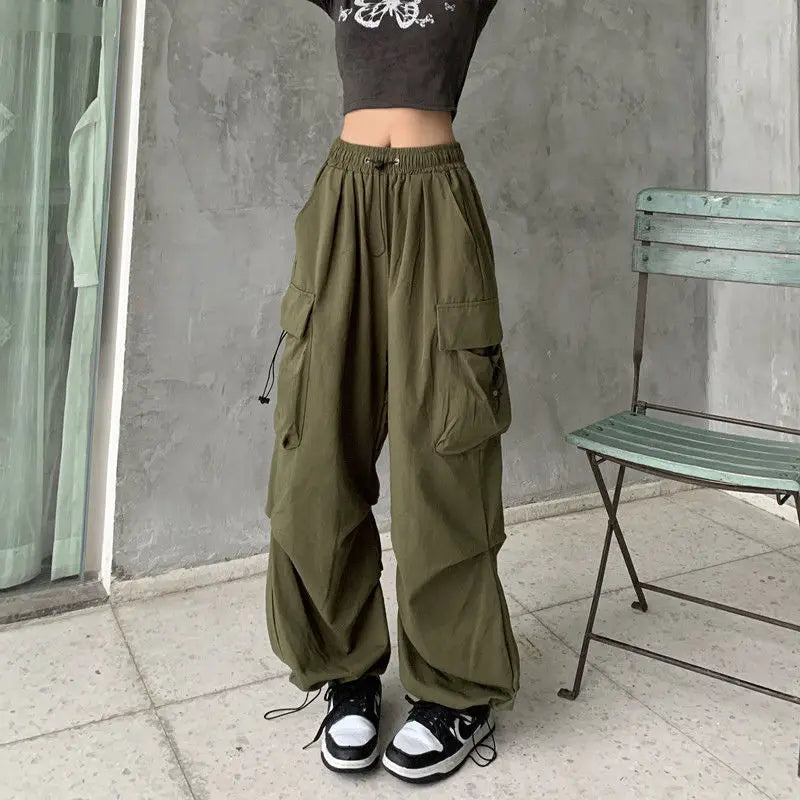 New American Hip-Hop Straight Wide-Leg High-Waisted Large Pockets Drawstring Work Pants High Street Casual