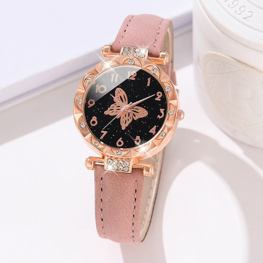 1PCS Simple Luxury Butterfly Element Leather Strap Watch Black Casual Fashion Quartz Watch Is The Perfect Gift For Her (No Box)