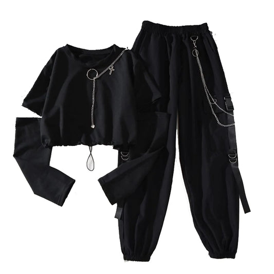 Cargo Pants Handsome Cool Two-piece Suit Chain Long Sleeve+Ribbon Pants