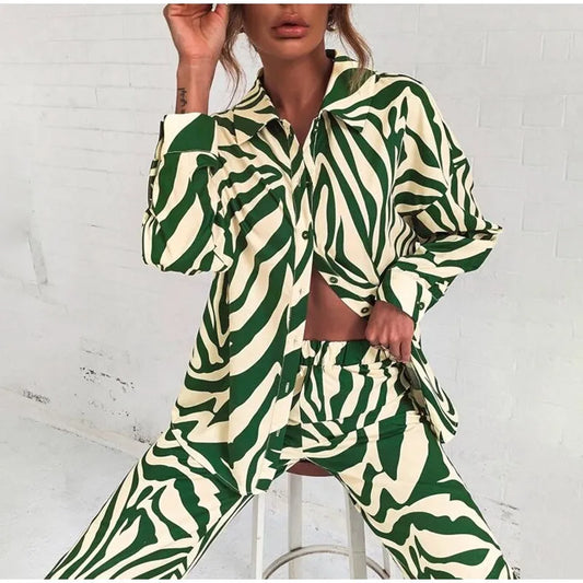 Cross border Hot Edition Street Trendy Print Trouser Set Long Sleeve Full Screen Print Off Shoulder Shirt Set