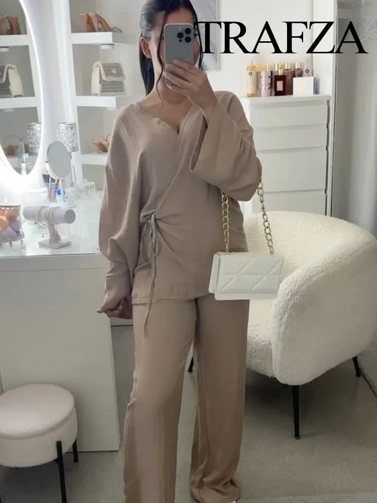 Linen Solid Color Shirt Set Belted Cardigan Kimono Top + High Waist Women's Pleated Pants 2-piece