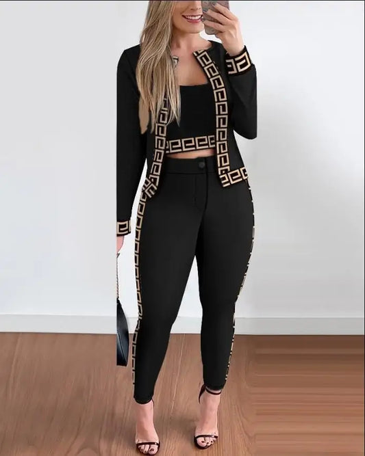 3 Piece Set Plaid Print Crop Top & Pants Set With Coat Fashion Casual Elegant Female Set