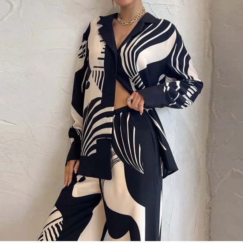 Chic Lapel Long Sleeved Blouse Top Loose Straight Leg Pants Suit