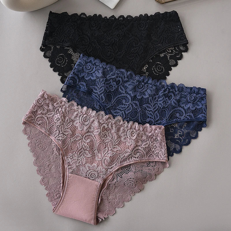 3PCS Luxury Floral Embroidery Lace Panties