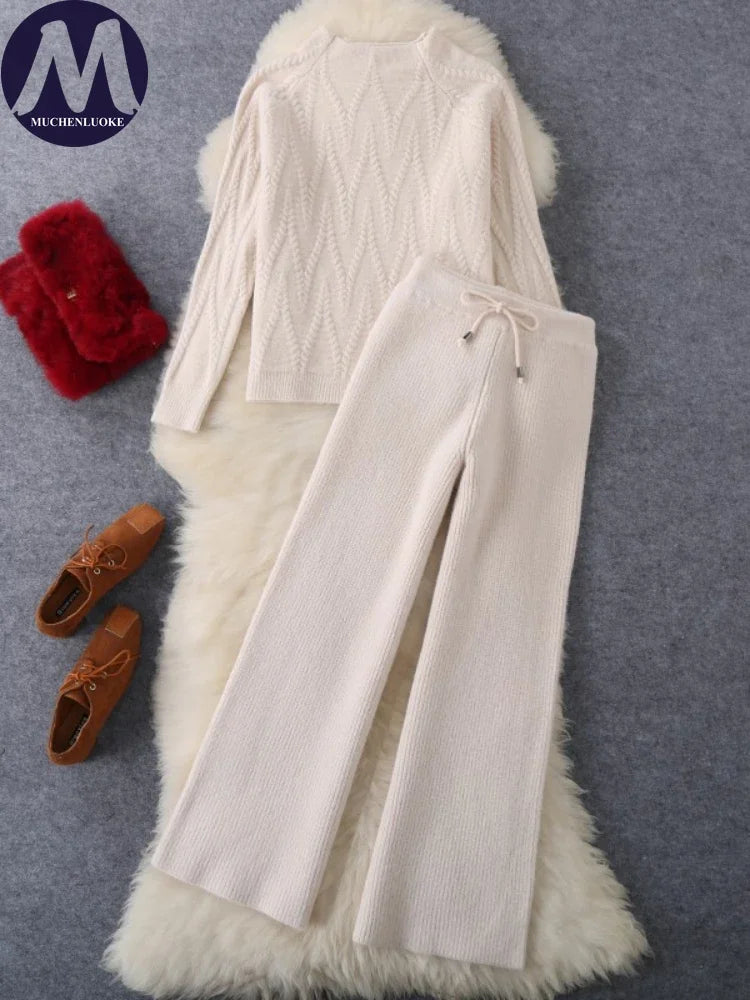 New Korean Fashion O Neck Knitted Sweater Top Casual Loose Lace Up Wide Leg Pant Sets