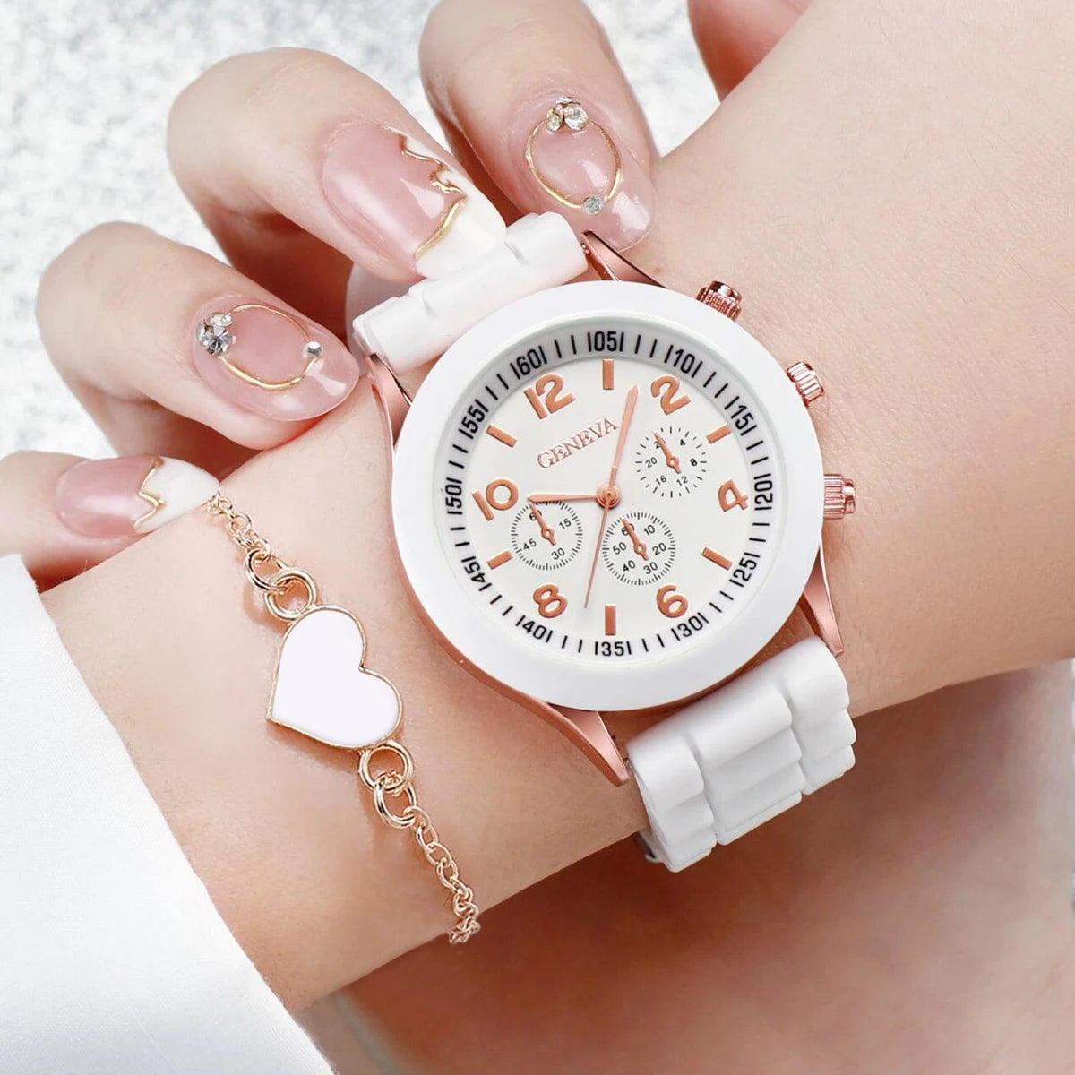 2PCS/Set Geneva Women Watch Fashion Silicone Band Quartz Wrist Watch Heart Bracelet Set