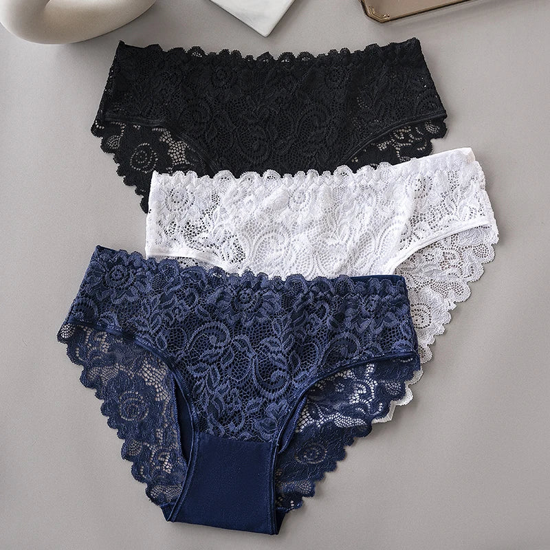 3PCS Luxury Floral Embroidery Lace Panties