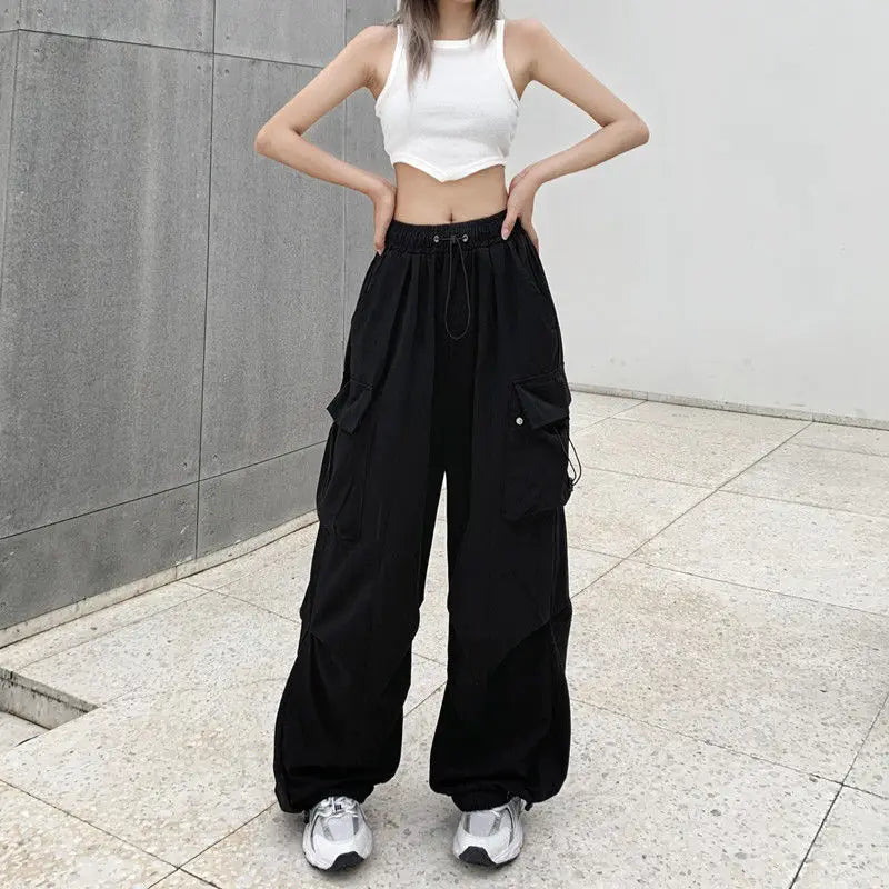 New American Hip-Hop Straight Wide-Leg High-Waisted Large Pockets Drawstring Work Pants High Street Casual