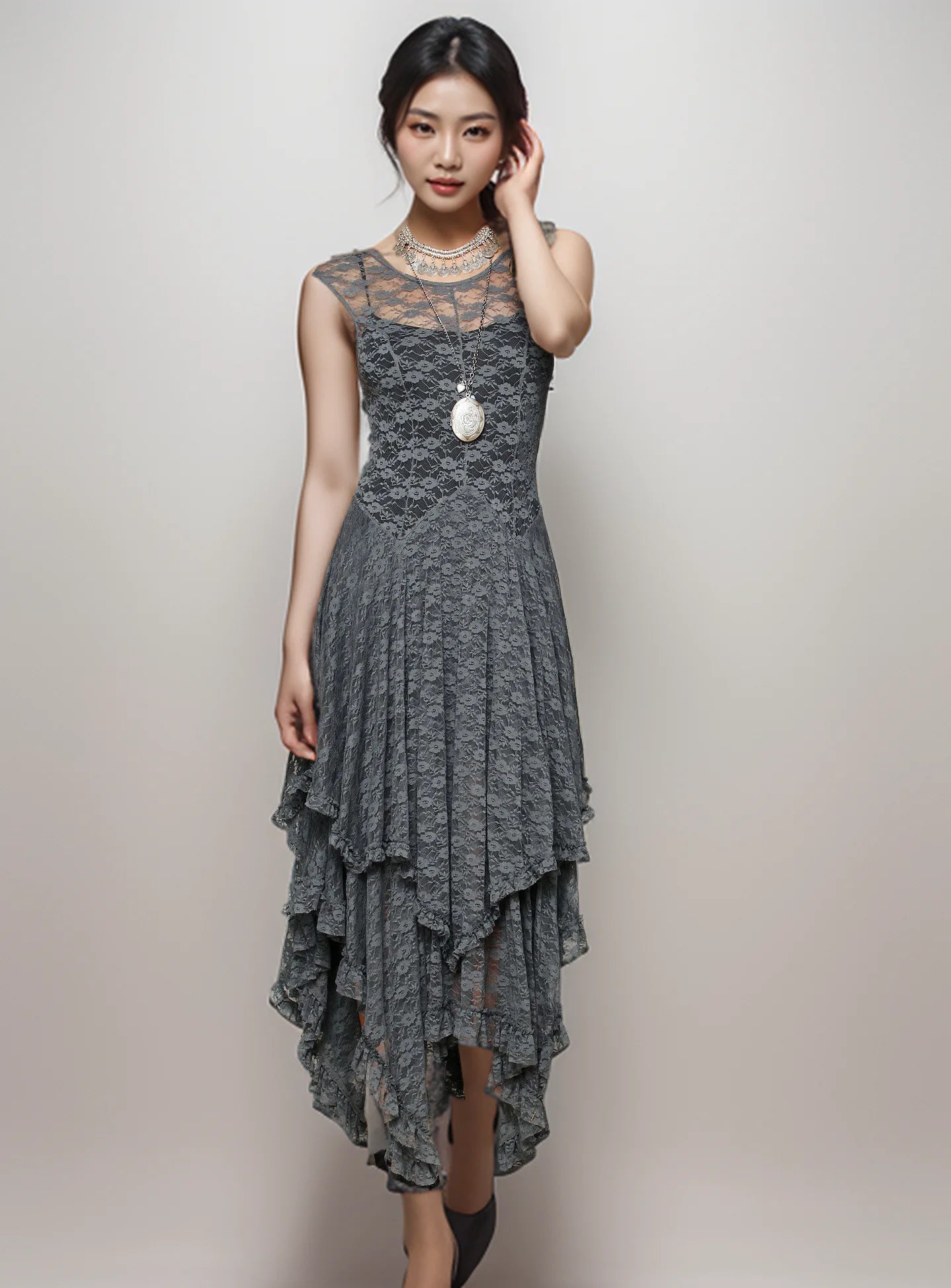 Spring/Summer New Irregular Lace Sleeveless Round Neck Solid Color Dress