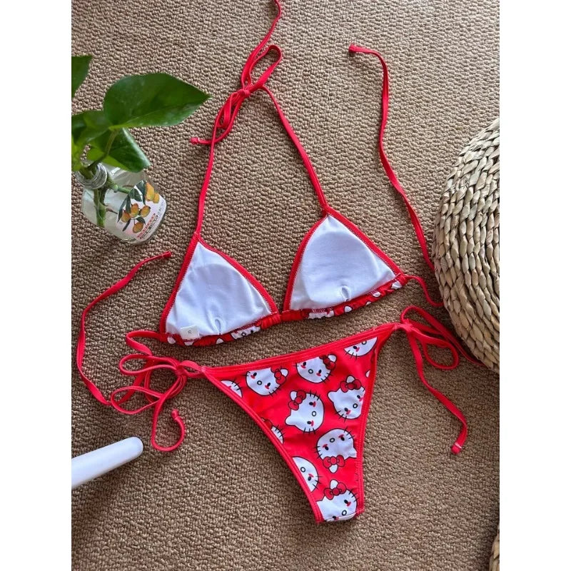 2024 Hellokitty Cute Girls Sexy Bikinis Set Print Bikini Swimsuit Women Swimwear Beachwear Lingerie Elasticity Slips On Vacation