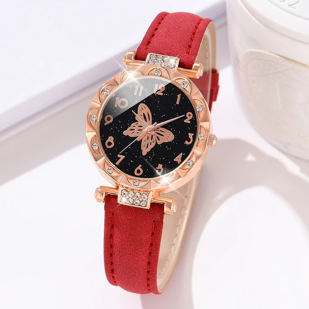 1PCS Simple Luxury Butterfly Element Leather Strap Watch Black Casual Fashion Quartz Watch Is The Perfect Gift For Her (No Box)