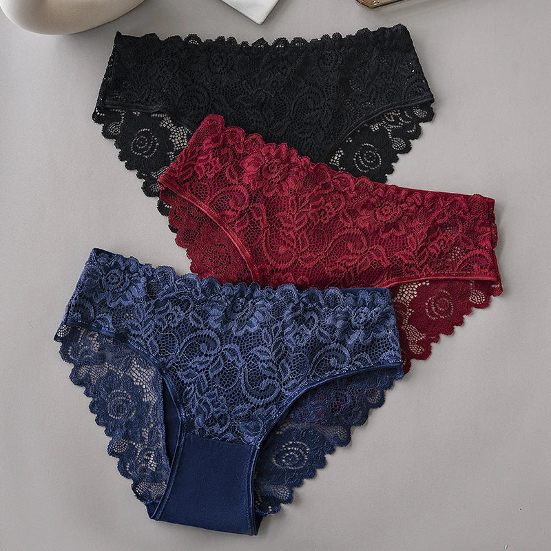 3PCS Luxury Floral Embroidery Lace Panties