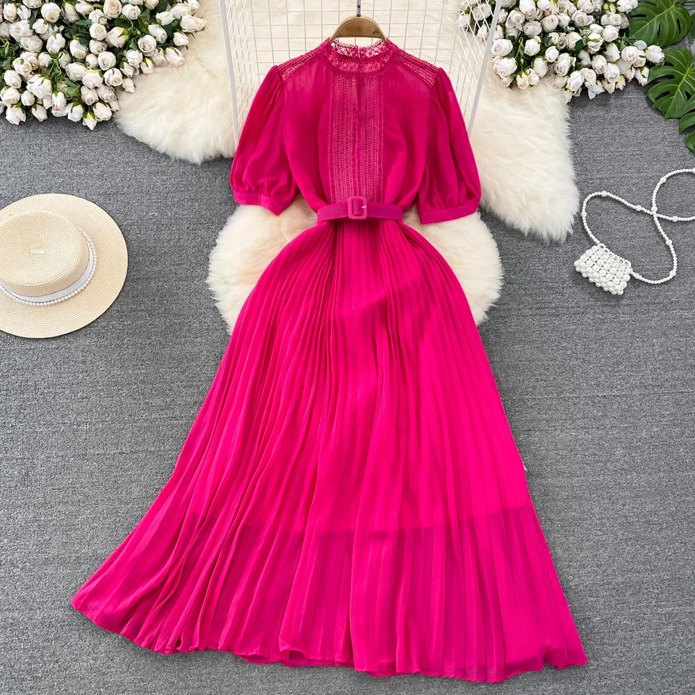 Elegant Dress Lace Belt Short sleeved Back Zip Pleated Chiffon A-line