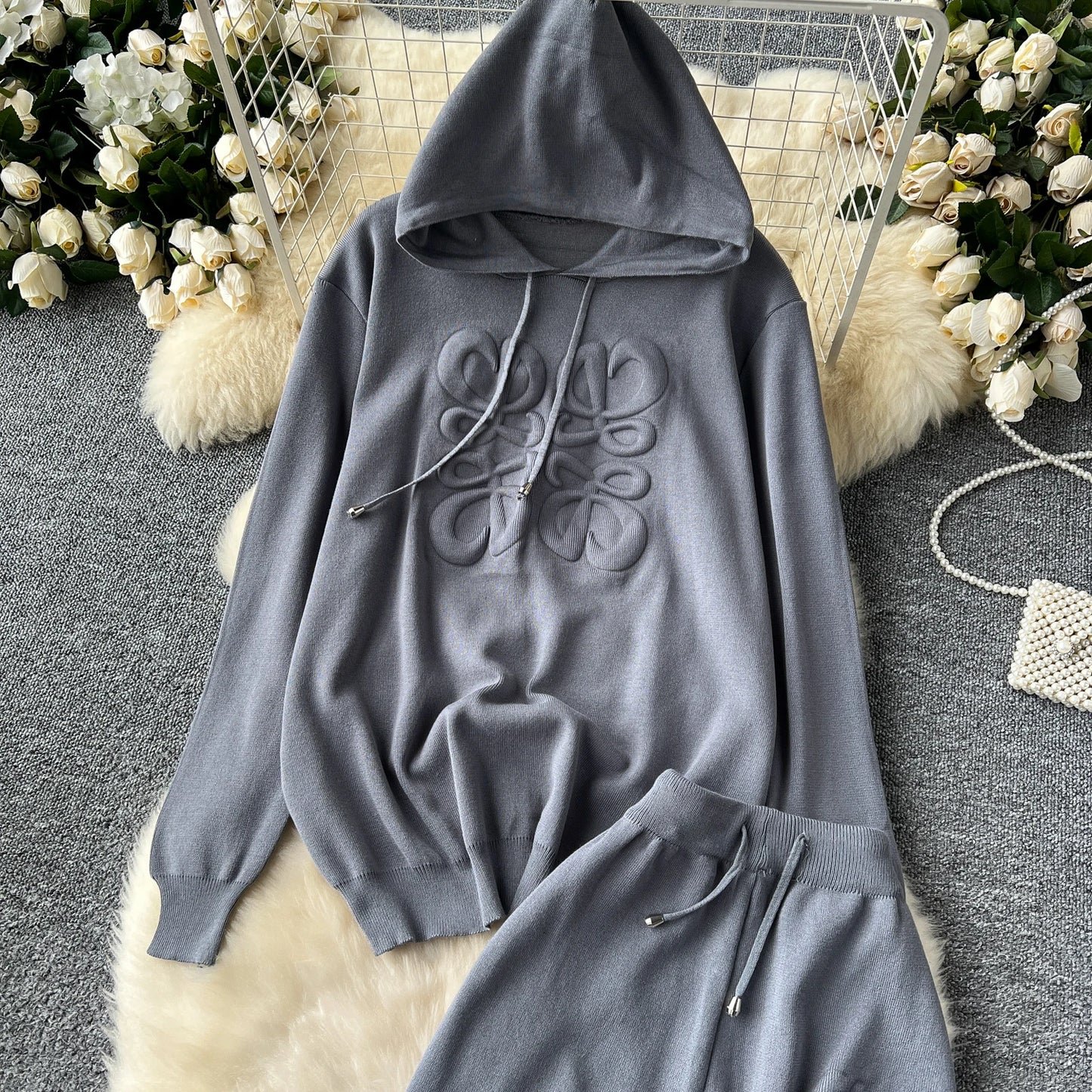 Long Sleeve 3D Texture Printed Hoodies+Drawstring Pants 2pcs Suits