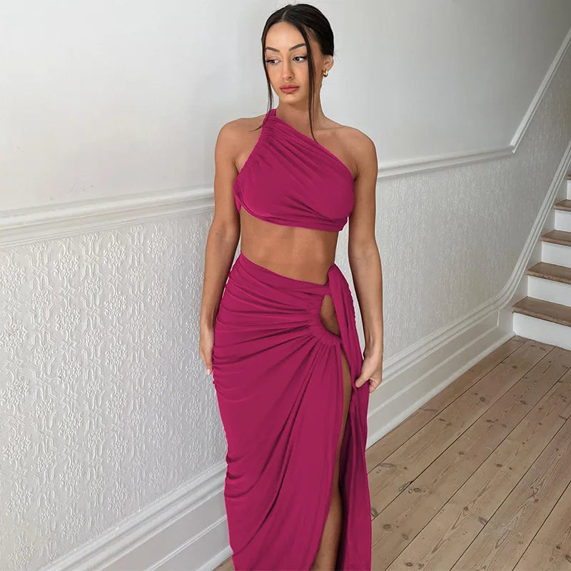 One Shoulder Backless Crop Top Tanks and Long Split Skirt Two Piece Matching