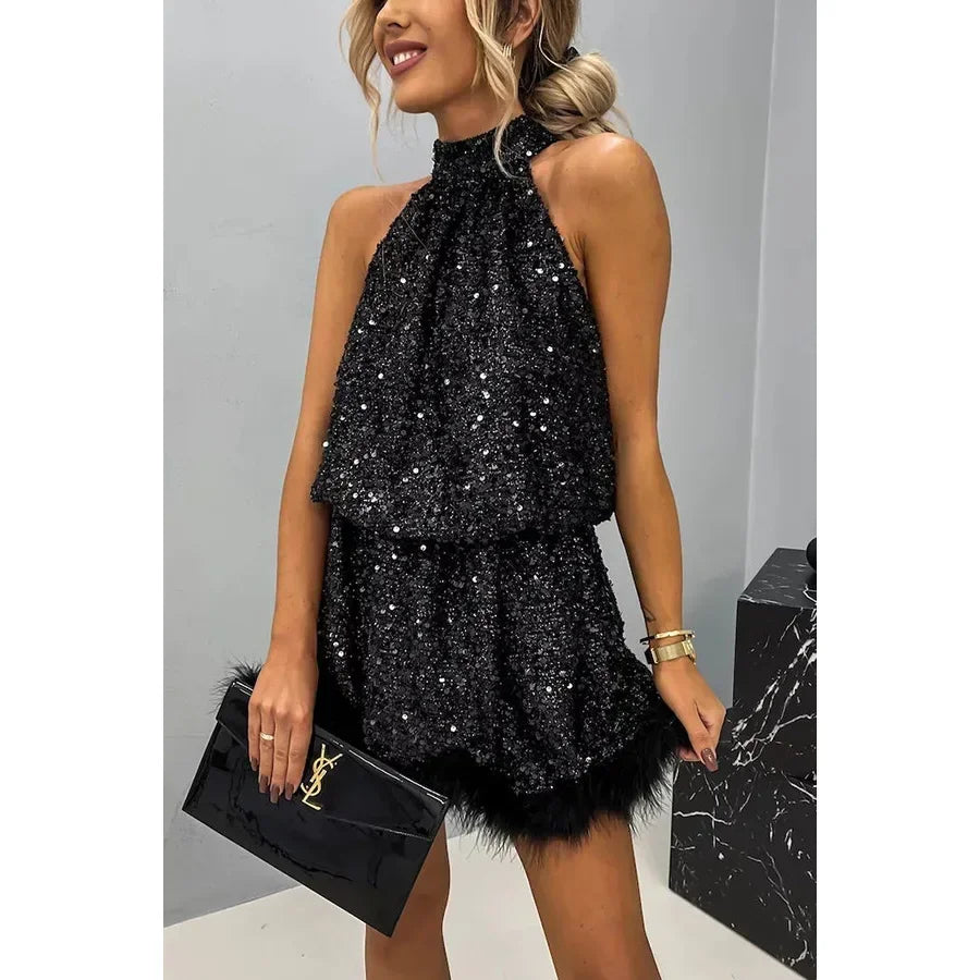 New European and American Party Sequin Hanging Neck Fashion Dress INS Casual Lace up Sleeveless Dress