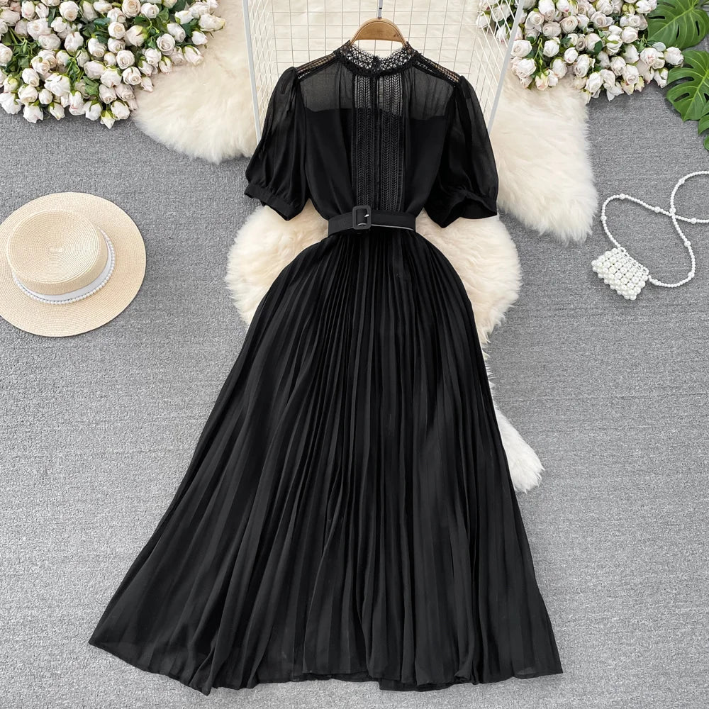 Elegant Dress Lace Belt Short sleeved Back Zip Pleated Chiffon A-line