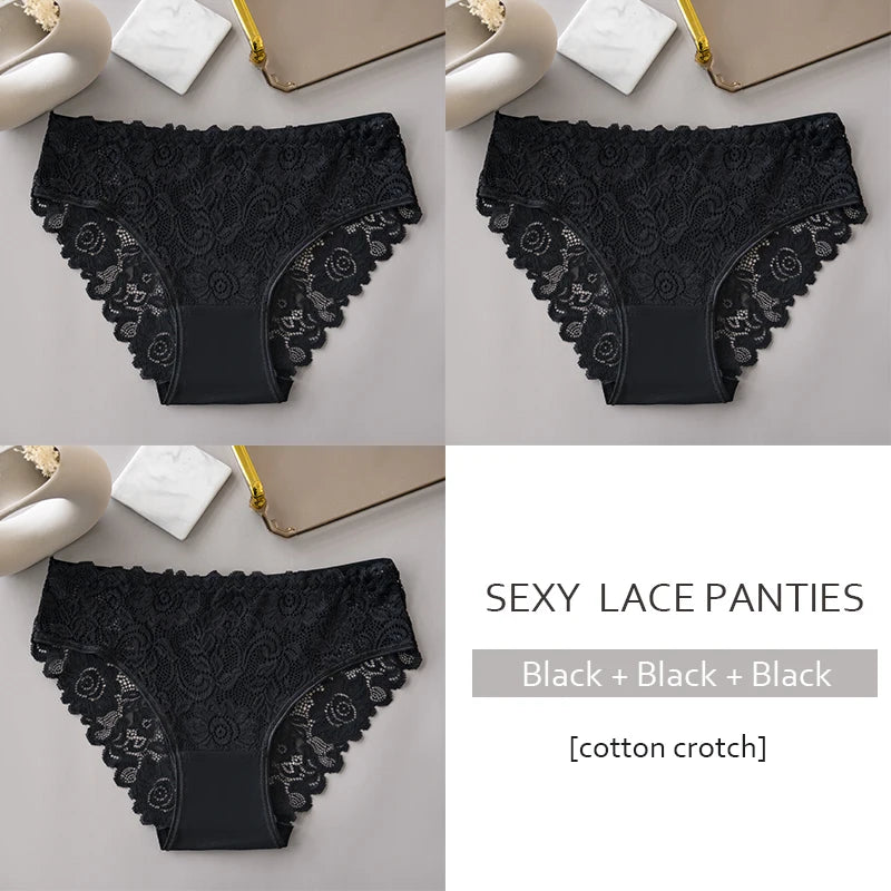 3PCS Luxury Floral Embroidery Lace Panties