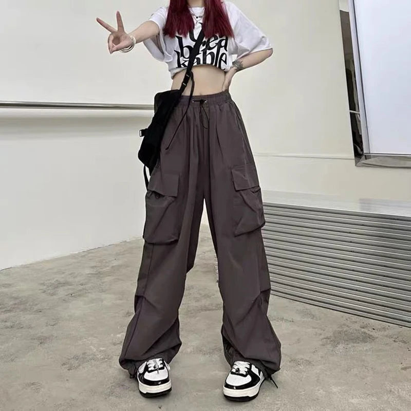 New American Hip-Hop Straight Wide-Leg High-Waisted Large Pockets Drawstring Work Pants High Street Casual