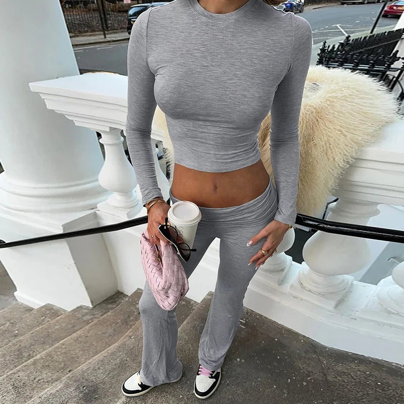 Long Sleeve Crew Neck T Shirts Low Waist Pants Sets Comfy Breathable Two Piece