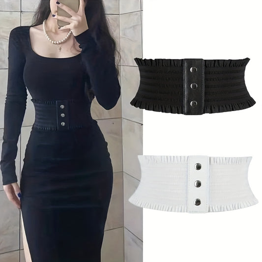 Classic Ruffle Wide Belts Black Casual Elastic Waistband Elegant Coat Dress Belt Women