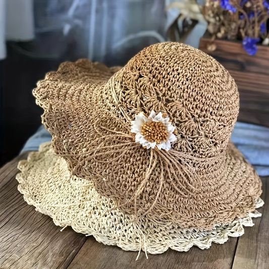 Elegant Women's Handmade Floral Straw Sun Hat - 100% Natural Paper