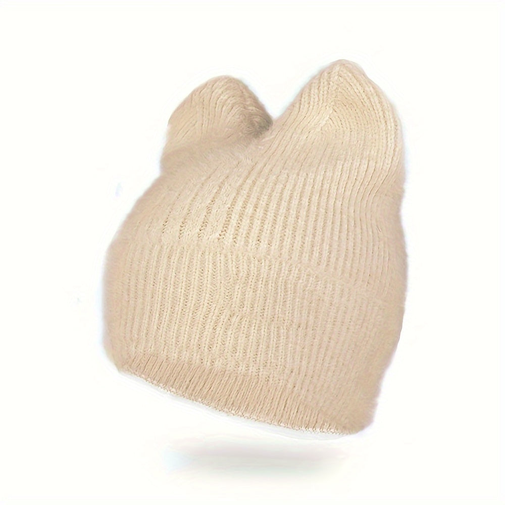 Knit Beanie with Cat Ears, Soft Stretchy Winter Hat